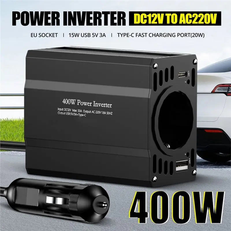 B92B-DC12V To AC 220V 50HZ Modified Wave Inverter Solar Car Power 400W Voltage Portable Converter TYPE-C USB EU EU Plug