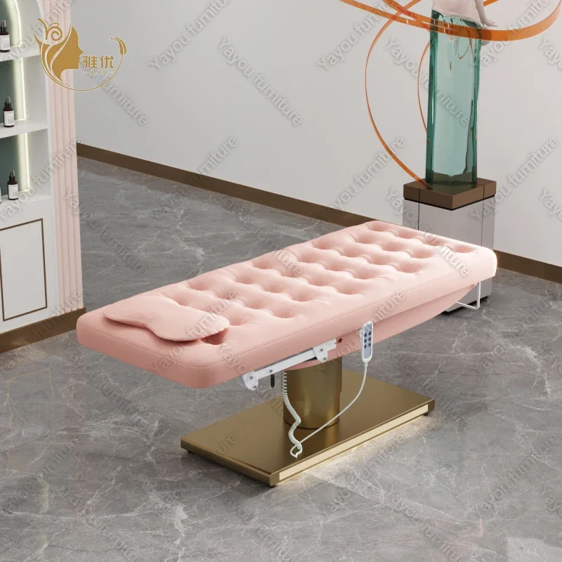 Lit de spa de luxe en cuir rose touffeté avec éclairage LED, équipement de beauté pour salon, table cosmétique électrique, lit de massage, 3 moteurs, or