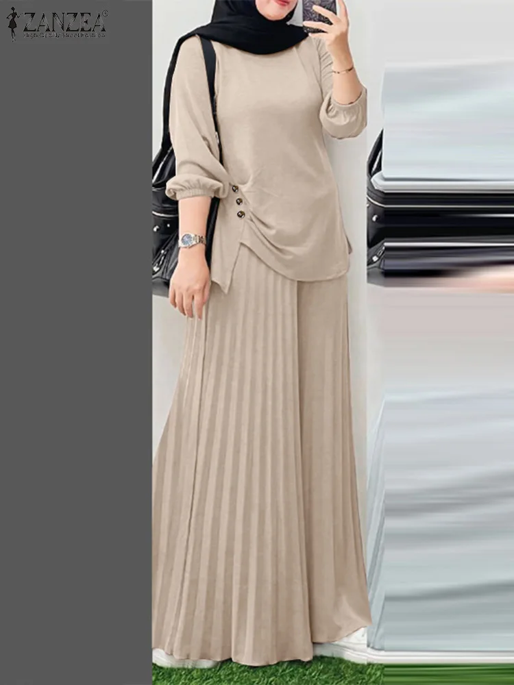 

ZANZEA 2pcs Muslim Woman Sets Modest Hijab Outfits Irregular Hem Long Sleeve Blouses Pleated Wide Leg Pants 2 Pieces Suits 2025