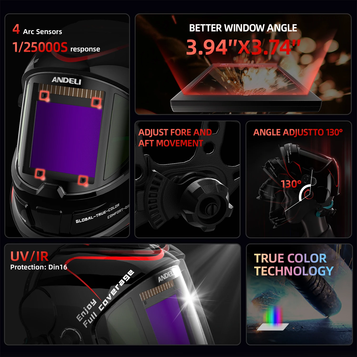 ANDELI 100*95mm maschera per saldatore vista grande Auto oscurante casco per saldatura True Color DIN4 1/1/1/2 maschera per saldatura per TIG MIG MMA CUT