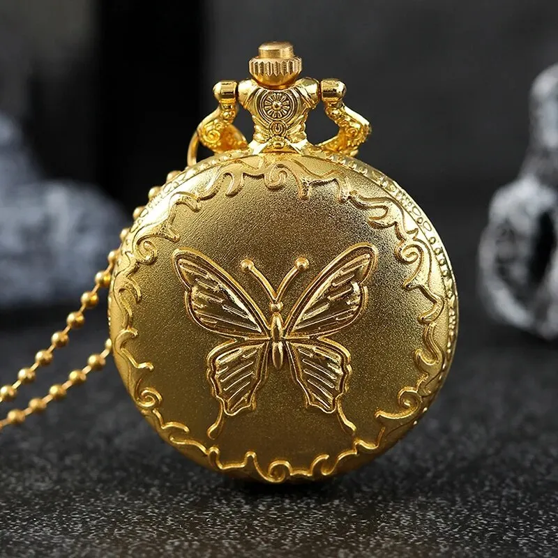 Luxury Fashion Mens Double-edged Carved Butterfly Quartz Pocket Watch Necklace Pendant Gifts For Women Man with Chain