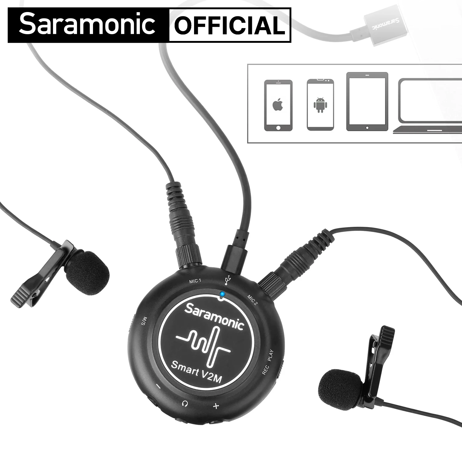 Saramonic Smart V2M อินเทอร์เฟซเสียงแบบพกพาพิเศษพร้อมไมโครโฟนแบบหนีบเสื้อ 2 ตัวสําหรับ Lightning iOS iPhone iPad Android Mac PC