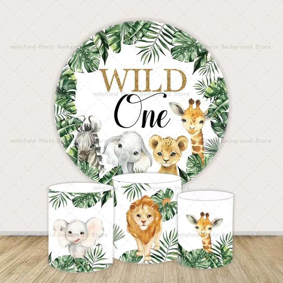 Mehofond Photography Background Wild One Jungle Themed Circle Cover Bridal Shower Round Elastic Floral Decor Cylinders Plinth