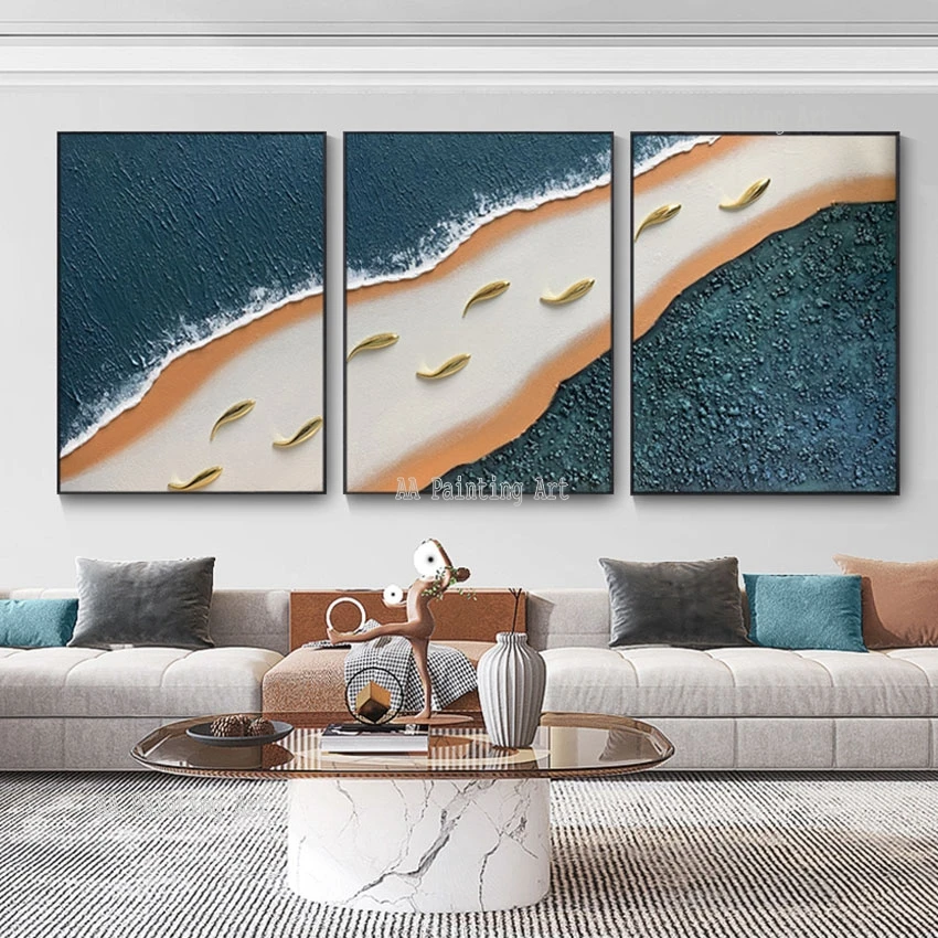 Large Textured Abstract Art Gold Fish Wall Picture 3 Panels Oil Painting Artwork On Canvas Frameless Decoration 3 Pieces Art