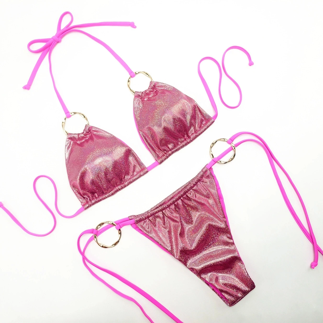 

Girls ties gold shiny leather textured gold ring brazilian push up bikini micro biquini swimwear strappy bandage swimsuit women