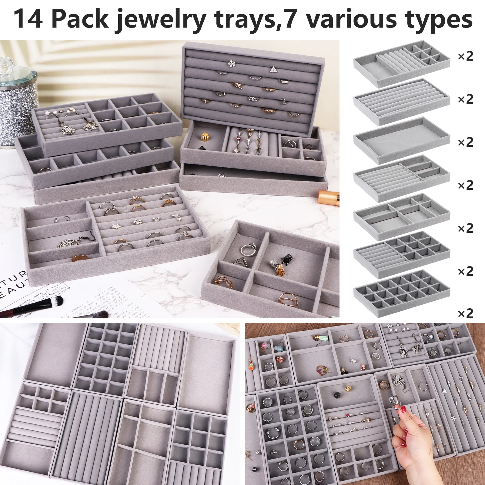 Organiser Tray Insert Divided Storage Box Display Tray ULELE 14 Pack Jewelry Trays Organizer Velvet Stackable Jewellery Drawer