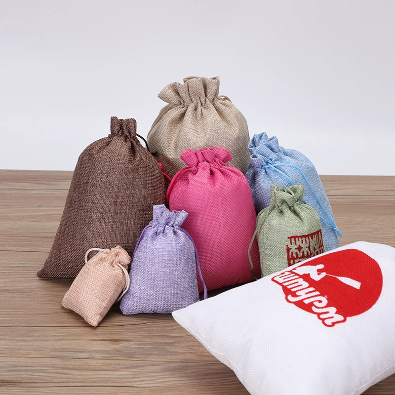 

50 pcs/lot 7x9 9x12 10x14 13x18cm Drawstring Linen Bags Wedding Birthday Party Christmas Gift Packaging Pouches Customize Logo