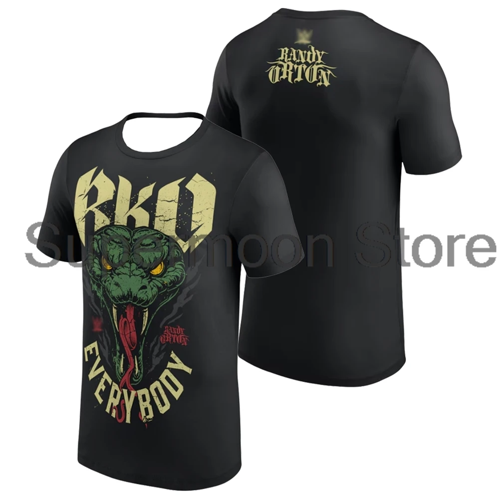 Men's Black Randy Orton RKO Everybody Viper T-shirt Crewneck Short Sleeve Polyester Tee Women Outdoor Streetwear Tops