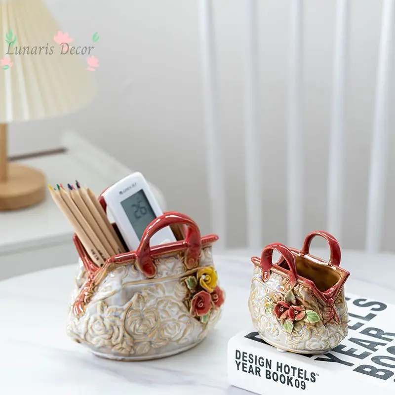 Ceramic handmade rose relief storage bag, European decorative handbag, flower pot, desktop creative storage ornament