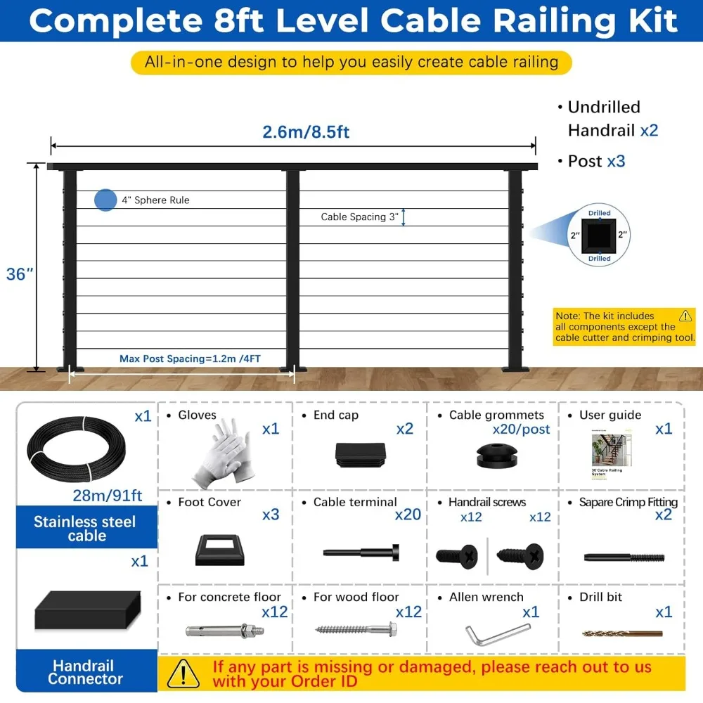 36-Inch Black T304 Stainless Steel Cable Railing System with Adjustable Handrail and Posts