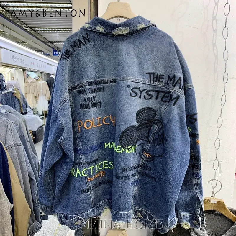 Women\'s Denim Clothing Spring Heavy Industry Cartoon Embroidered Loose-Fitting Workwear Jacket Make Old Ripped Coat