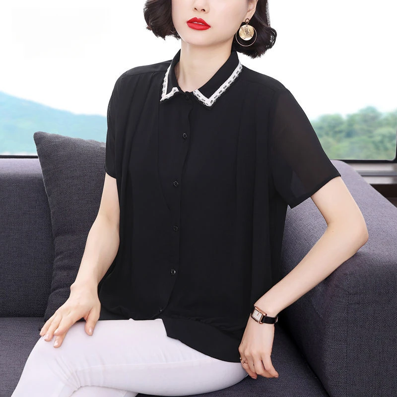 

Womens Blouses New Arrival 2023 Summer Short Sleeve Polo Lapel Shirt Solid Color Button Lace Striped Fashion Elegant Casual Tops