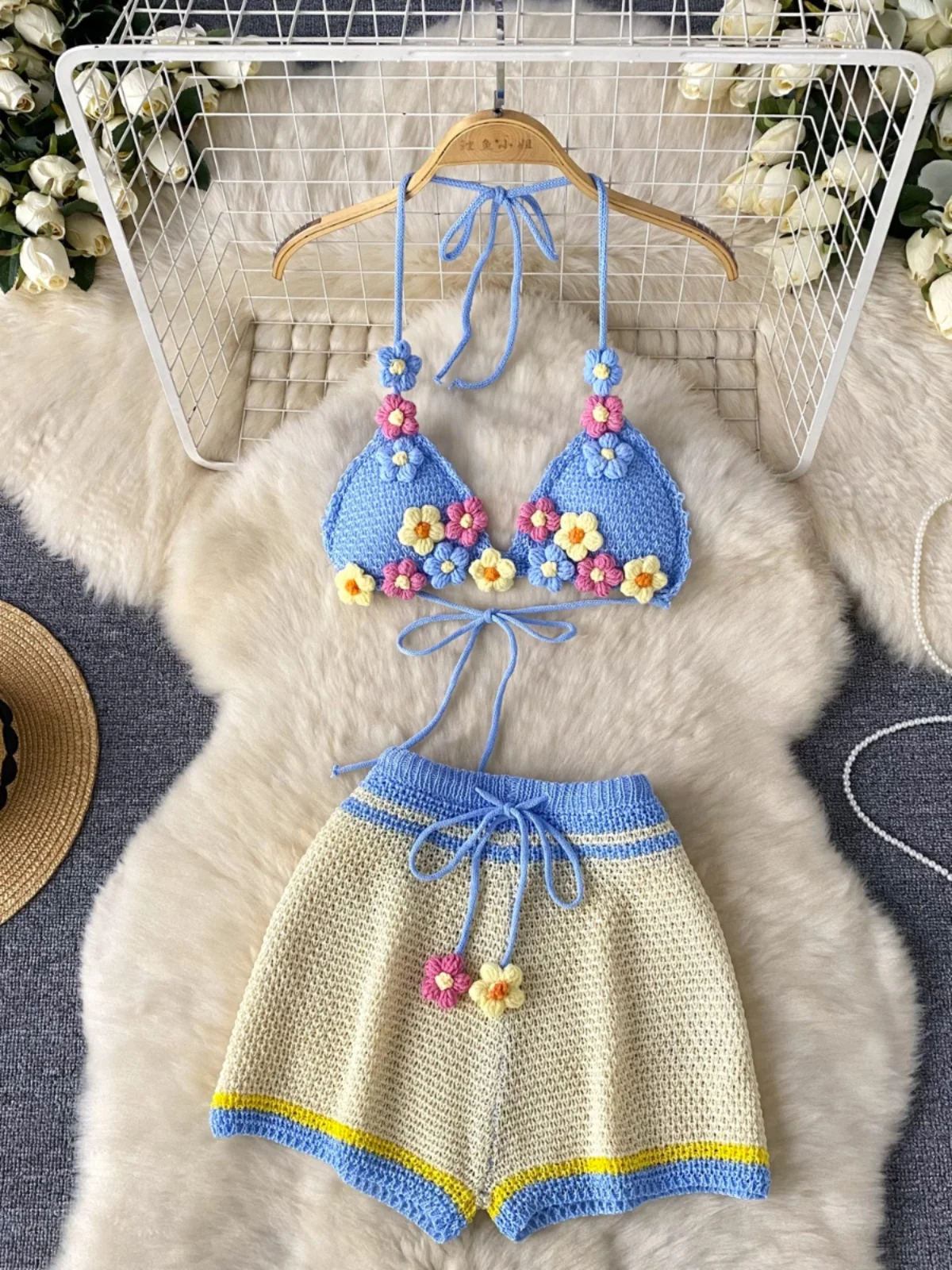 

Beach Vaion Sle Knitted High Waist Wide Leg ort Pants Set Spicy Girl Summer Faion Ensemble for Young Women
