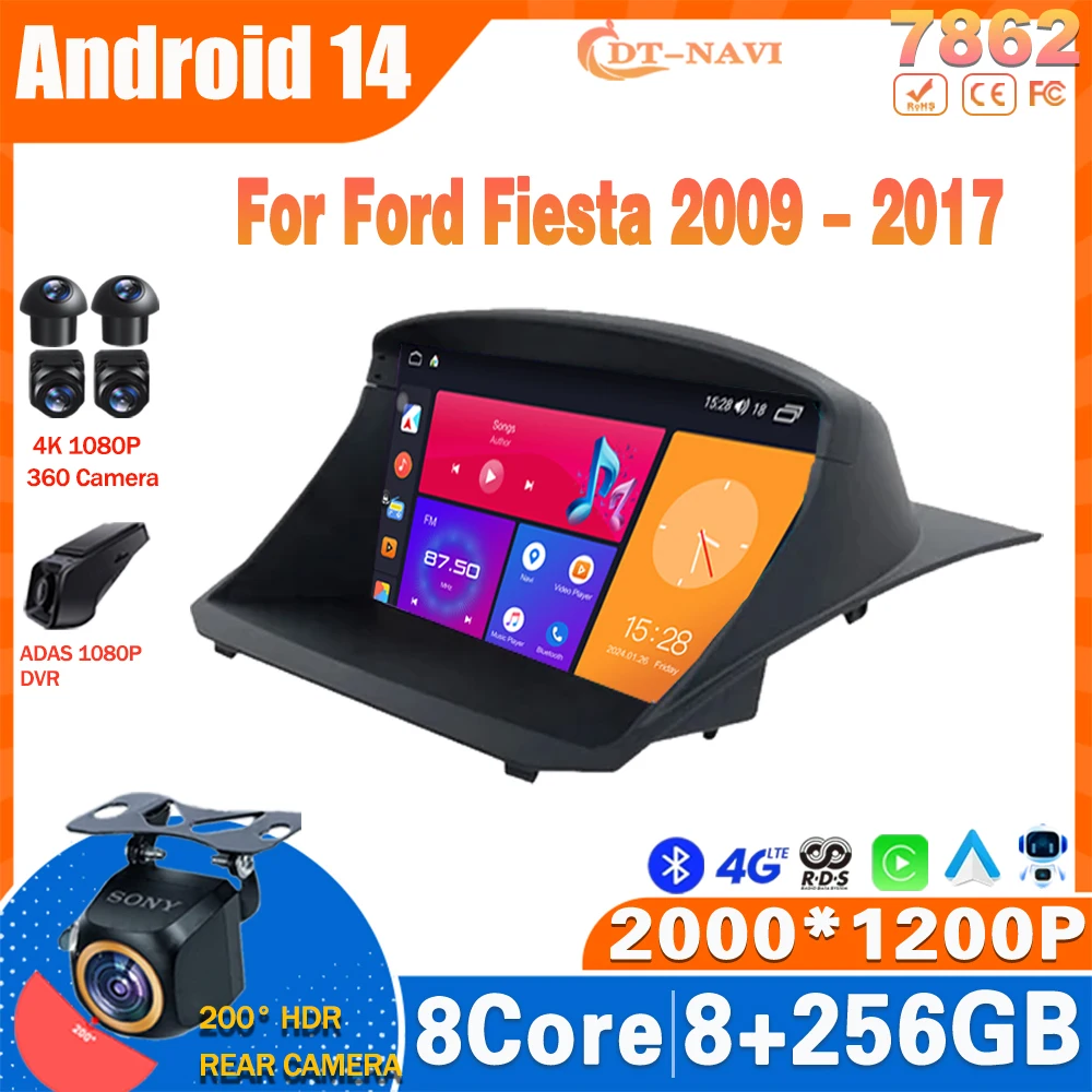 Autoradio Android 13 avec Navigation GPS, Carplay, WIFI, DSP, 4G, Processeur 7862, Lecteur Stéréo, Sans DVD 2DIN, pour Ford Fi.C. (2009-2017)