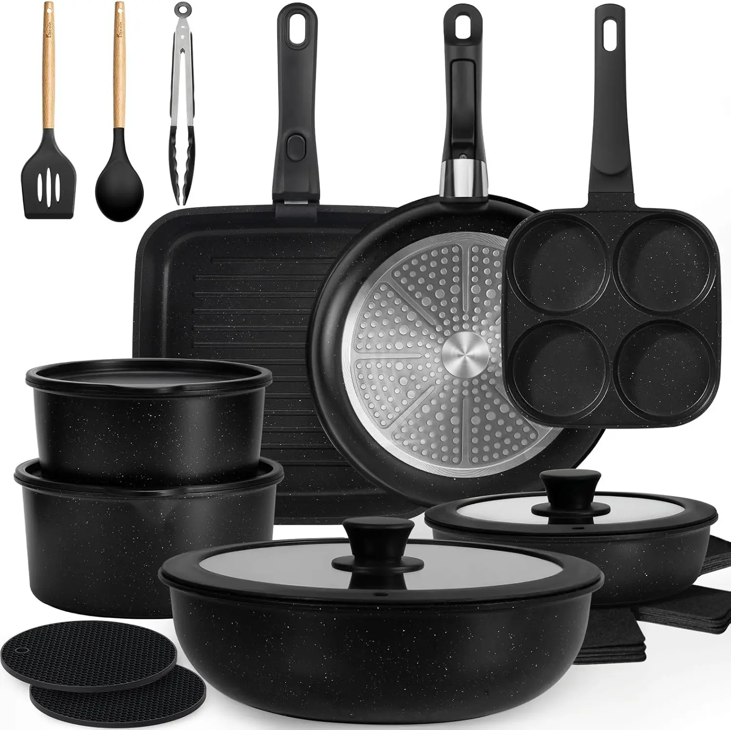 

24 Pack Pots and Pans Set Non Stick, Detachable Handle Cookware Set, Induction RV Kitchen Cooking Set with Removable Handle, Fry