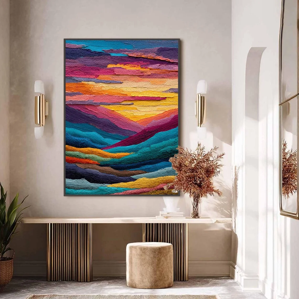 Thick Impasto Color Mountain Sunset Oil Wall Decor Print - Perfect Gift for Landscape Art Collectors, Entryway Home Stylists