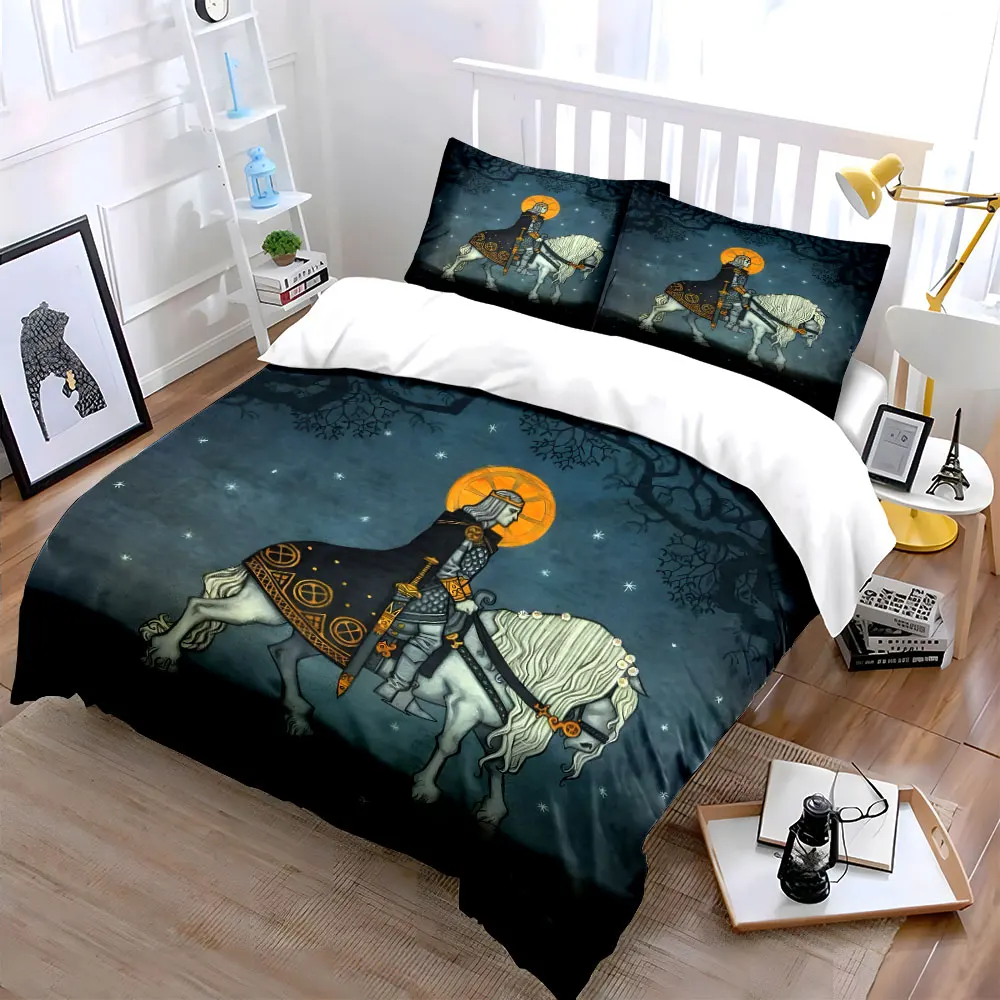 Knight riding white horse at night Pattern Duvet Cover Set Digital Print Colorful Polyester Bedding with Zipper Closur for gift