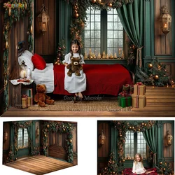 Wooden Christmas Room Background Photography Rustic Window Headboard Green Wreath Curtain Backdrop Decor Family Kid Winter Photo