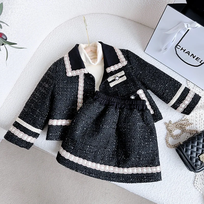 

Girl 2 Piece Tweed Set Autumn Winter Suit Clothes for 2-7Years Children's Cotton Padded Jacket Coat+Skirt Kids Classic Outfits