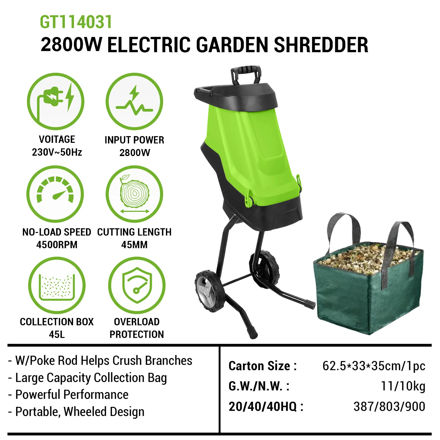 Vertak 2800W Electric Silent Garden Shredder Machine Tree Leaf Wood Branch Crusher with 45L Collection Bag