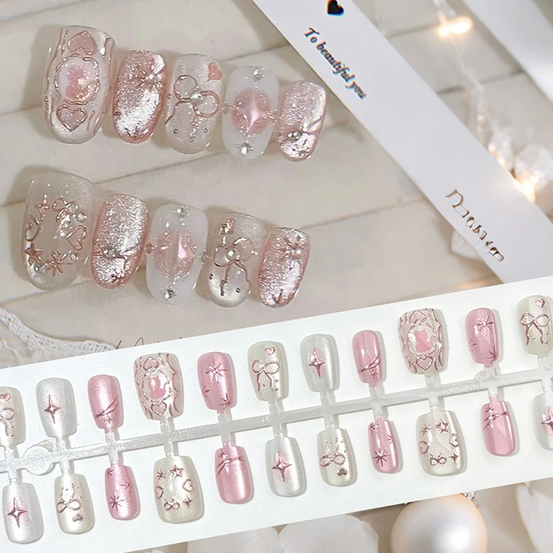 10/30 Peças de Unhas Falsas Ovais com Design de Estrela, Unhas Falsas de Cobertura Total, Unhas Adesivas com Glitter Aurora