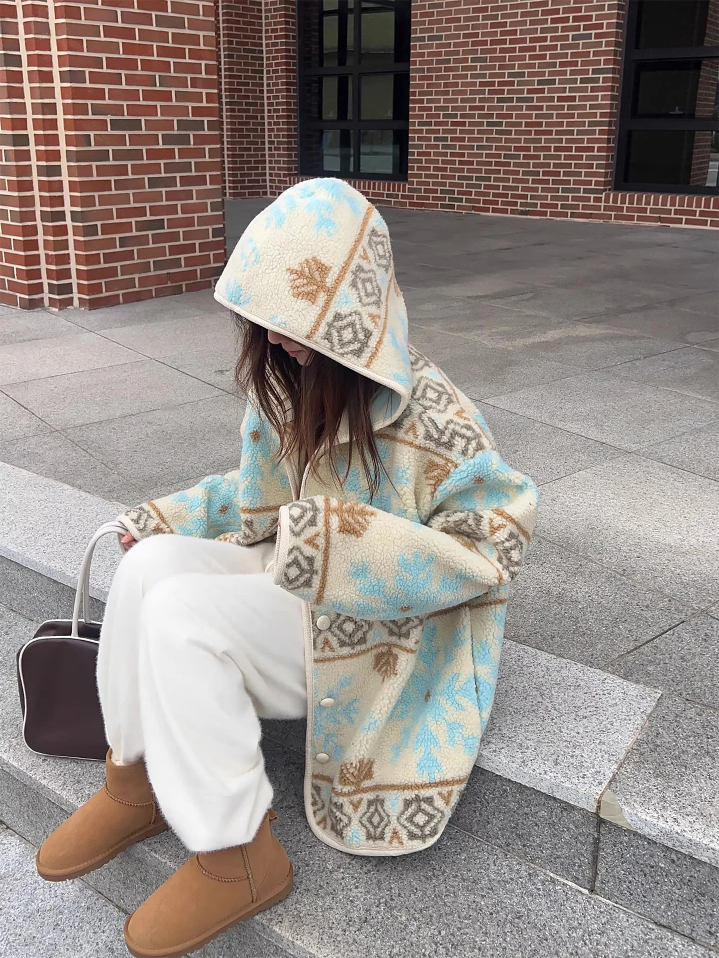 

Winter New Women's Hooded Fce Jaet Snowflake Pattern Printed Single Button Cardigan Cotton Clothes Korean Sle Loose Fit