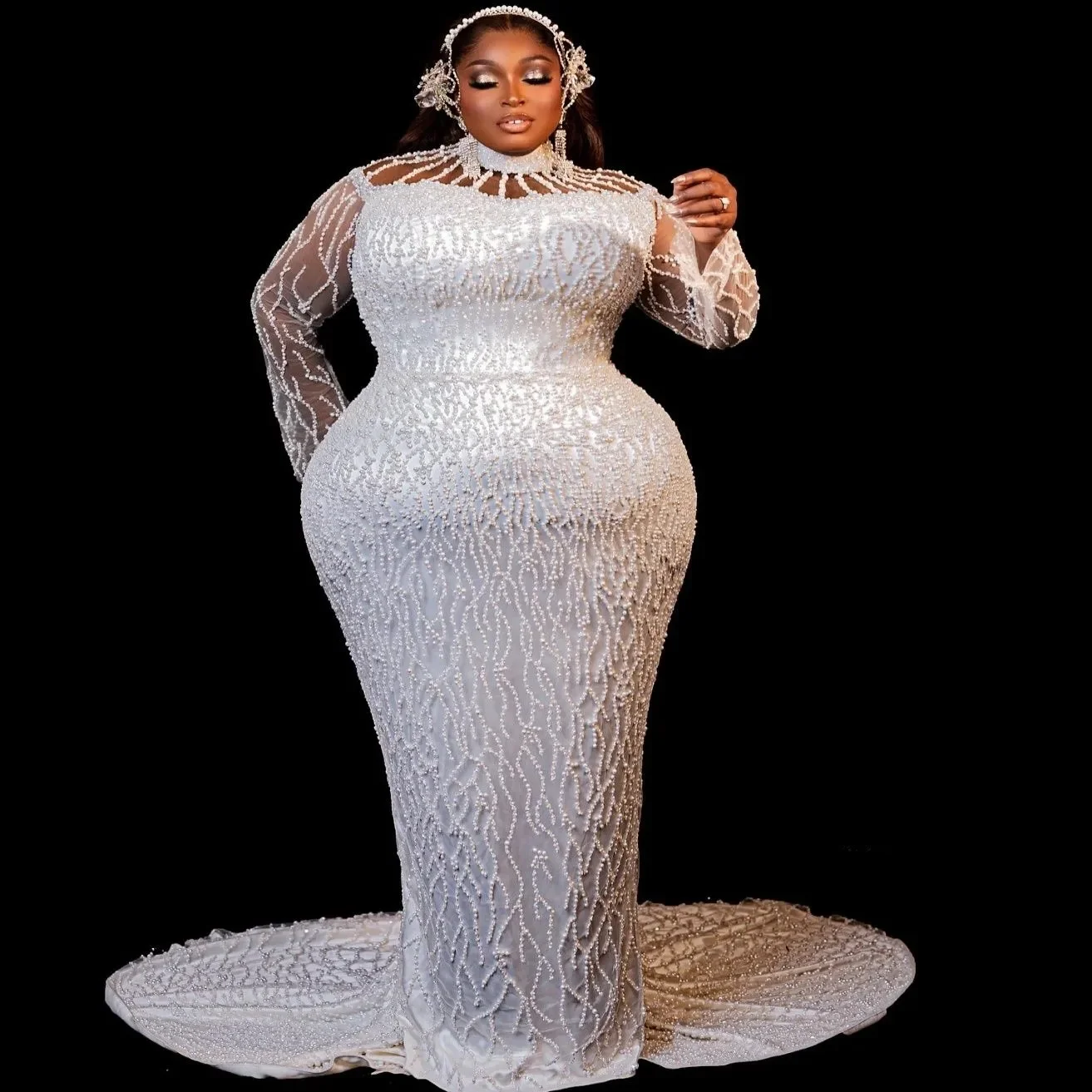 

Customized Plus Size Off White Mermaid Wedding Dresses Pearls Full Sleeves Sheer Neck Luxurious Elegant Bridal Gowns Dress