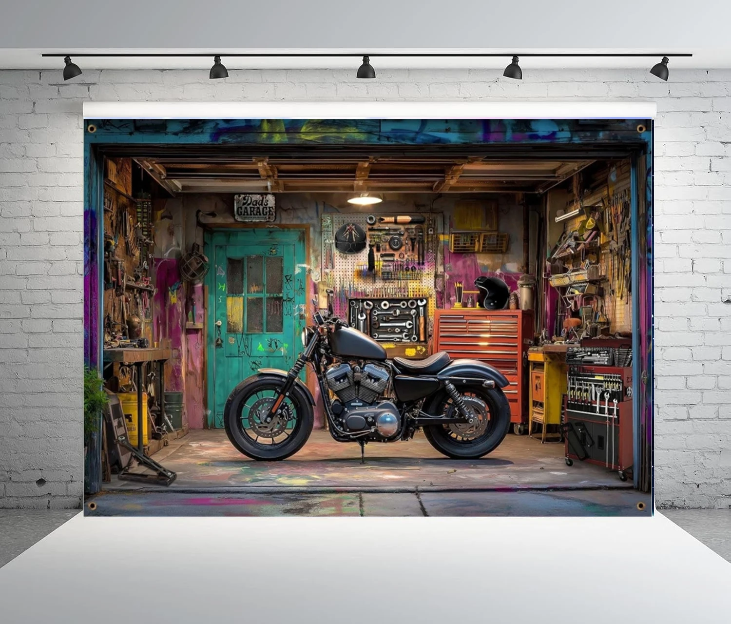 Workshop Tools Background - Vintage Motorcycle Garage Photography Backdrop Graffiti