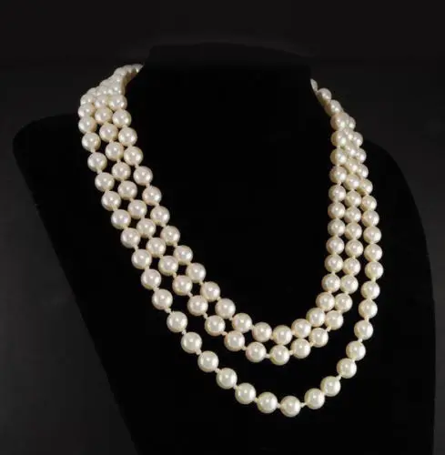 

8mm First Lady Triple Strand real White Pearl Necklace 17-19inch 6~7MM