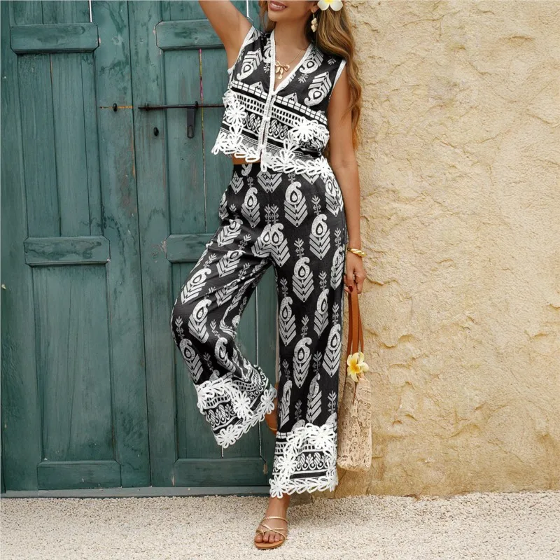 

Women Vacation Beach Suits 2025 Spring Summer Latest V-Neck Casual Bohemian Print Contrasting Shoulder Top Long Pants Set