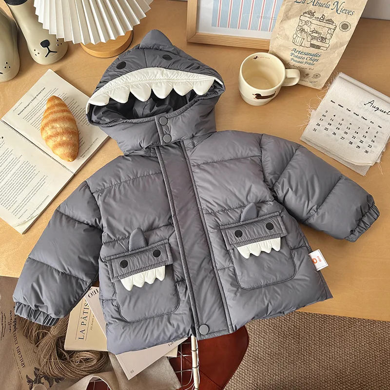 

Toddler Boys Down Jacket Shark Hooded 90% White Duck Thicken Warm Kids Boys Down Coat New Winter Infant Boys Outerwear Coat