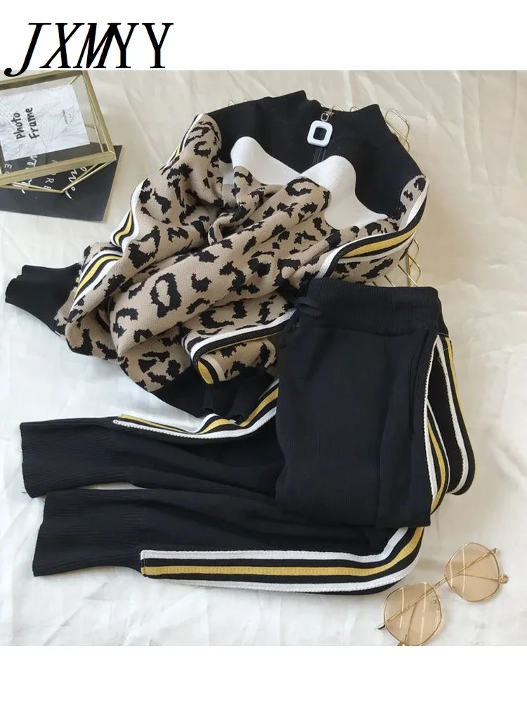 Tracksuit Women Leopard Knit Zip Cardigan Tops+Pants Suit 2PCS Sets Long Sleeve Jacket Coat Woman Casual Sweater Trousers Suits