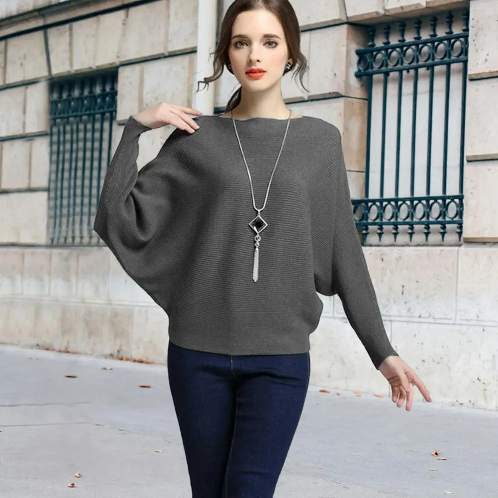 Women Sweater Solid Color Batwing Sleeve Sweater Elegant Batwing Sleeve Women's Sweater Knit Top for Spring/autumn Loose Fit