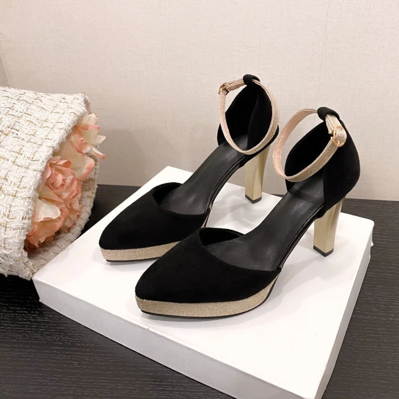 

Women's Fashion Square Heel Sandals Summer New Pointed Head Shallow Mouth Metal Buckle Waterproof Platform High Heels