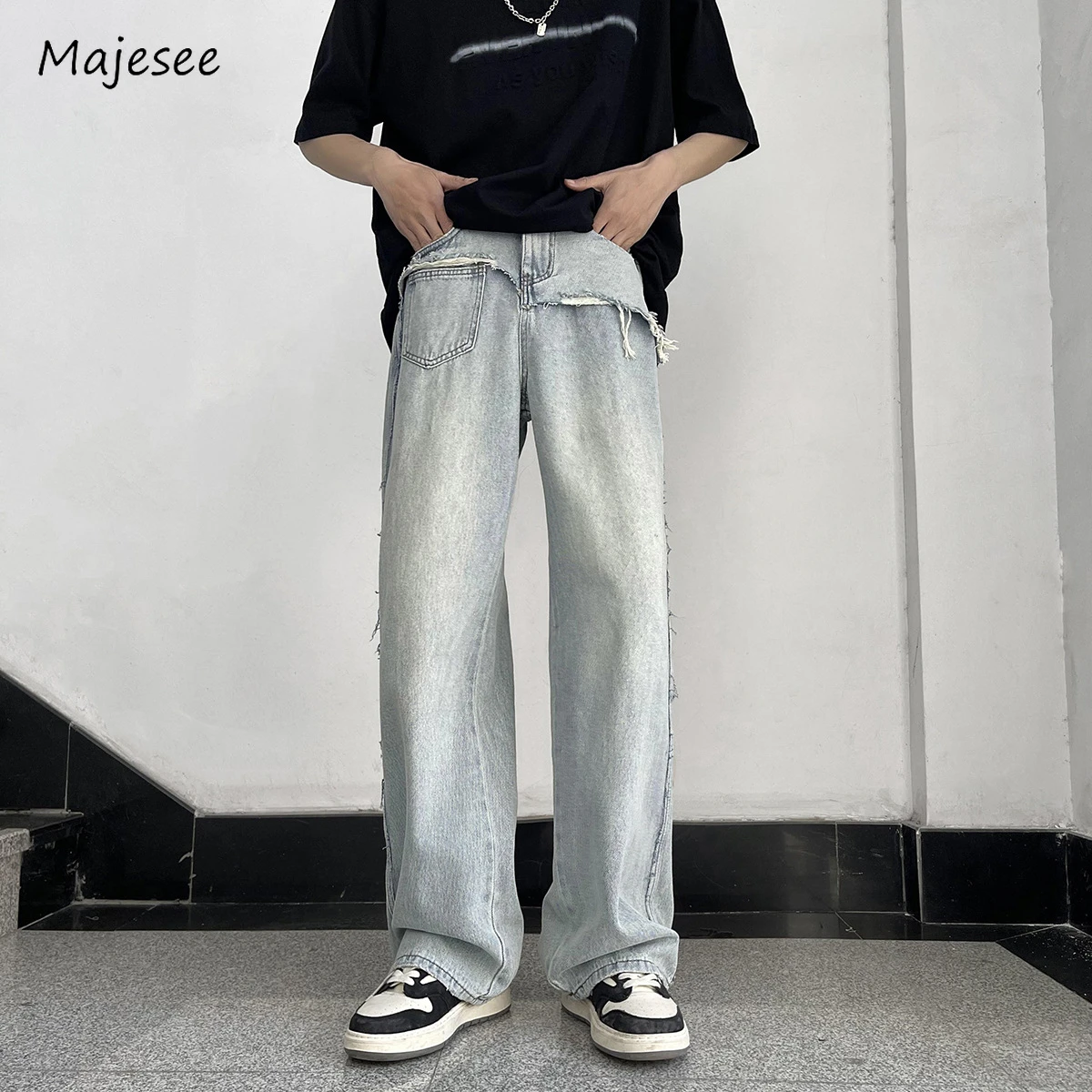 

Patch Work Jeans Men Wide Leg Loose Asymmetrical Raw Edge Ankle Length Mid Waist Side Stripe Handsome All-match American Style