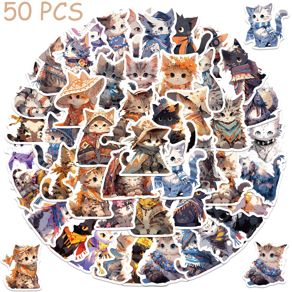 50pcs Cute Cats With Ethnic Costumes Stickers Decals For Phone Laptop Luggage Refrigerator Cartoon Aesthetic Stickers Kids Gifts