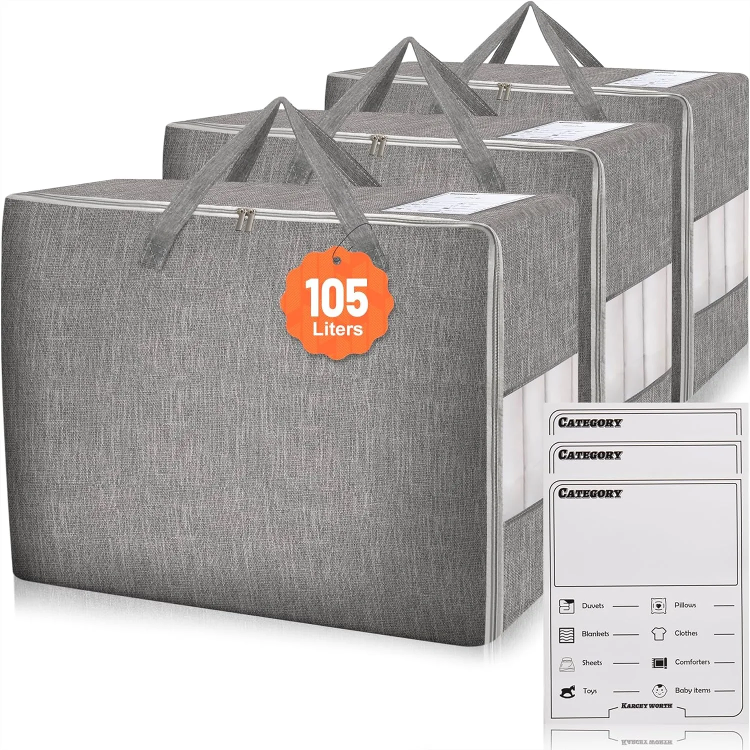 

Extra Large 105L Comforter Storage Bags with Clear Window, Reinforced Handles & Zippers, Foldable Closet Organizers for Blankets