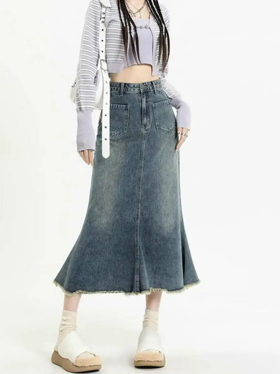 

Женская джинсовая юбка миди с высокой талией, А-силуэт, расклешенный подол, свободный крой, облегающая, длина до бедра