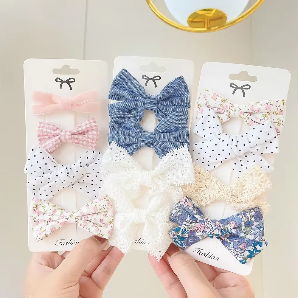 4Pcs/Set Sweet Lace Printed Bowknot Hair Clips For Cute Girls Handmade Hairpin Boutique Barrettes Headwear Kids Hair Accessories