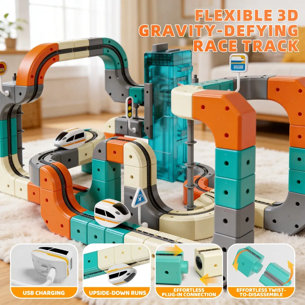 Upgraded Staircase Style Multi Functional Building Block Track Vehicle with An Elevator Staircase and Electric High Speed Rail