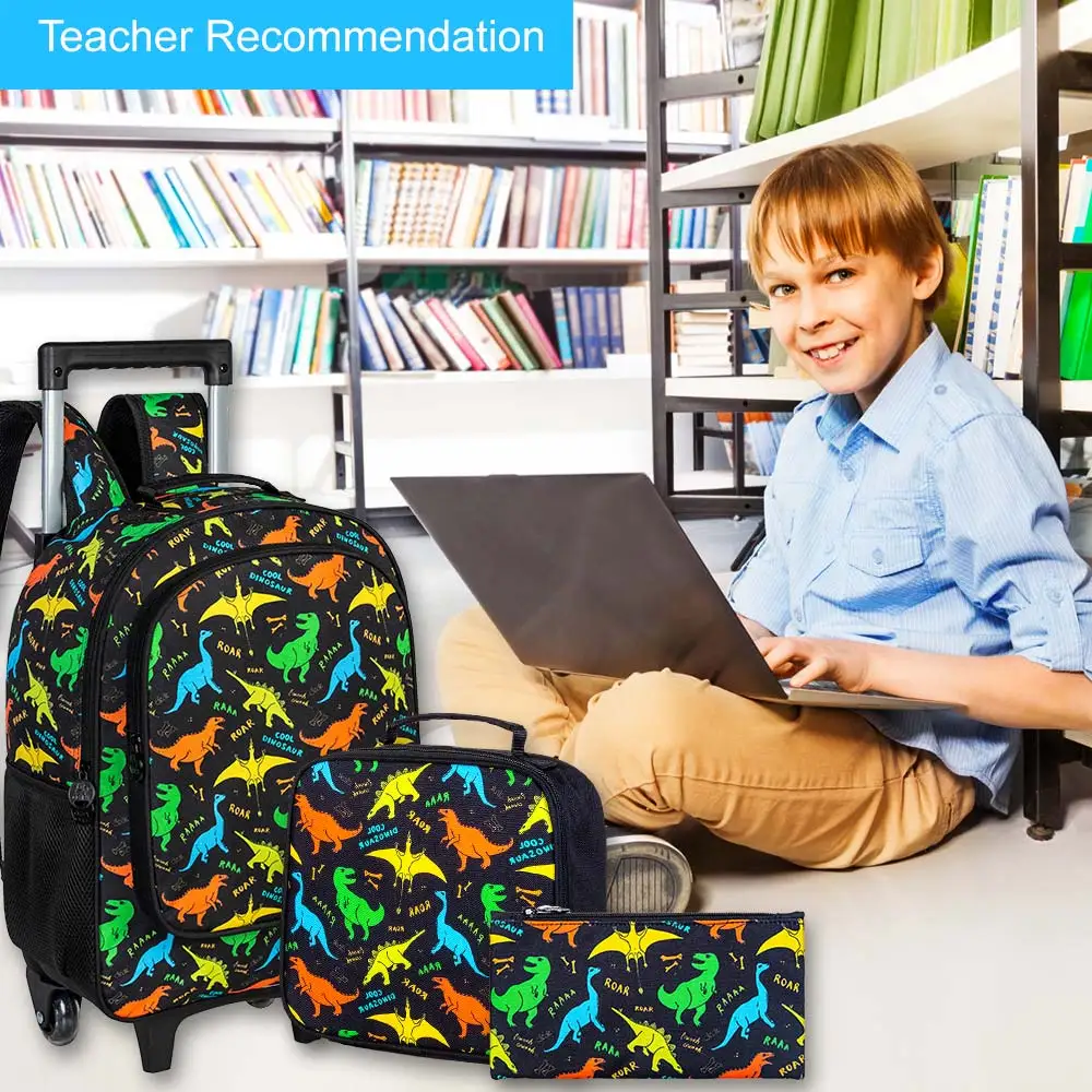 3-delige rollende rugzak voor jongens, dinosaurusrolboekentas voor kinderen met wielen, schooltassenset op wielen voor elementair - zwart