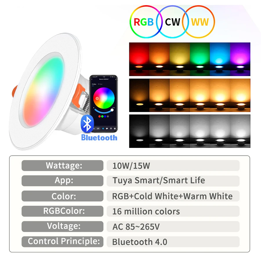 Tuya inteligentna dioda LED wpuszczane Led Bluetooth lampy punktowe 10/15W AC85-265V RGB + CW + WW kontrola aplikacji działa z inteligentnym życiem