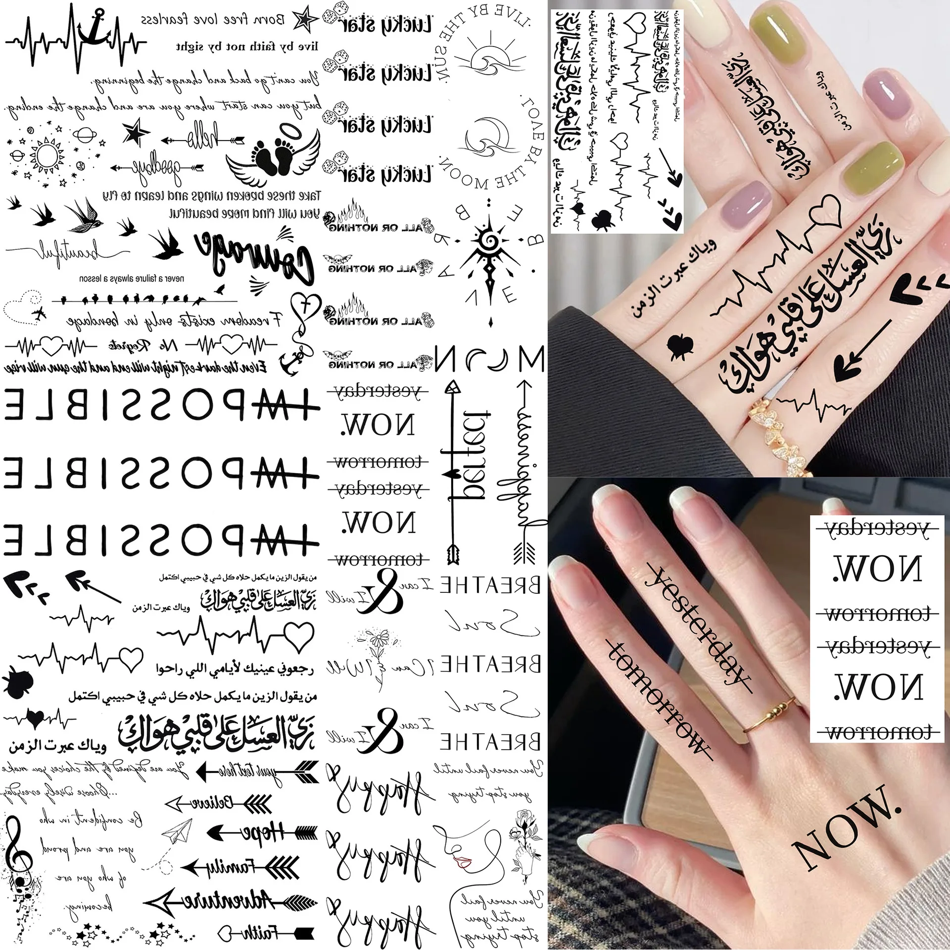 

Temporary Tattoo Stickers Ins Style Text for Finger Hand Back Waterproof Non Toxic Premium Long Lasting Easy Apply