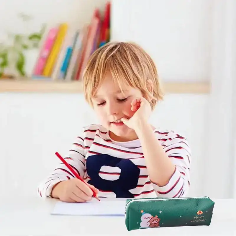 Buon natale astuccio per matite buon natale matita per penne in PU di grande capacità astuccio per cancelleria simpatico cartone animato doppia cerniera