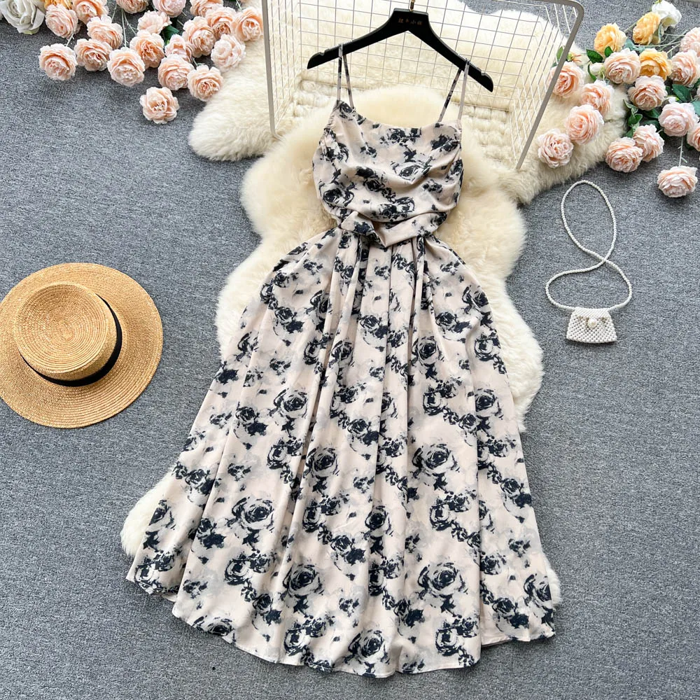 YuooMuoo Romantic Floral Print Long Dress Vintage Rose Print High Waist Spaghetti Strap Summer Dress Lady Beach Sundress