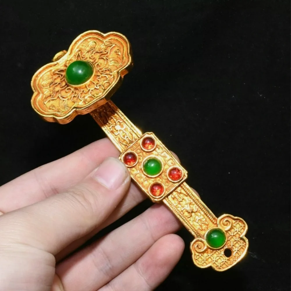 3.9''Old Chinese Dynasty Bronze Gilt Inlay Gems Lucky Ruyi Statue Sculpture