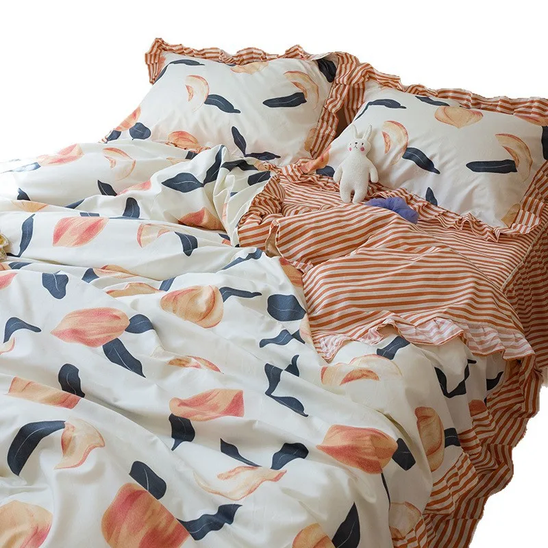 Korean version of lotus leaf edge bed skirt lace four-piece set student dormitory bed sheet quilt cover