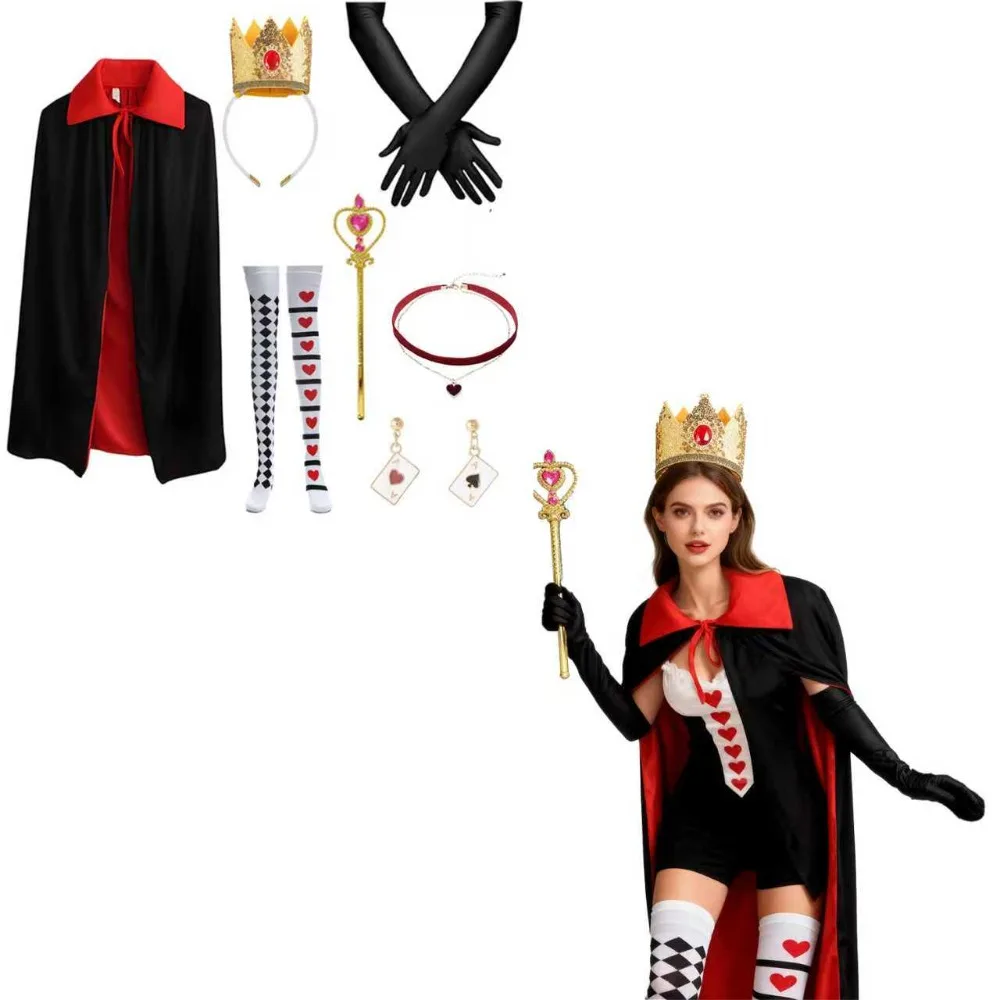 

PESENAR Queen Costume Include Queen Cape, Crown, Wand, Collar, Earrings, Gloves and Socks for Women Wonderland Costume