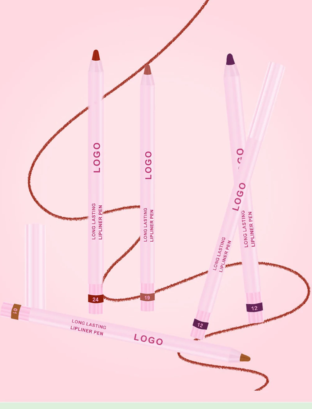 24-color Private Label Lip Liner Custom Logo Pink Packaging High-pigmentation Foam-tip Lipliner Waterproof Lips Makeup Vegan