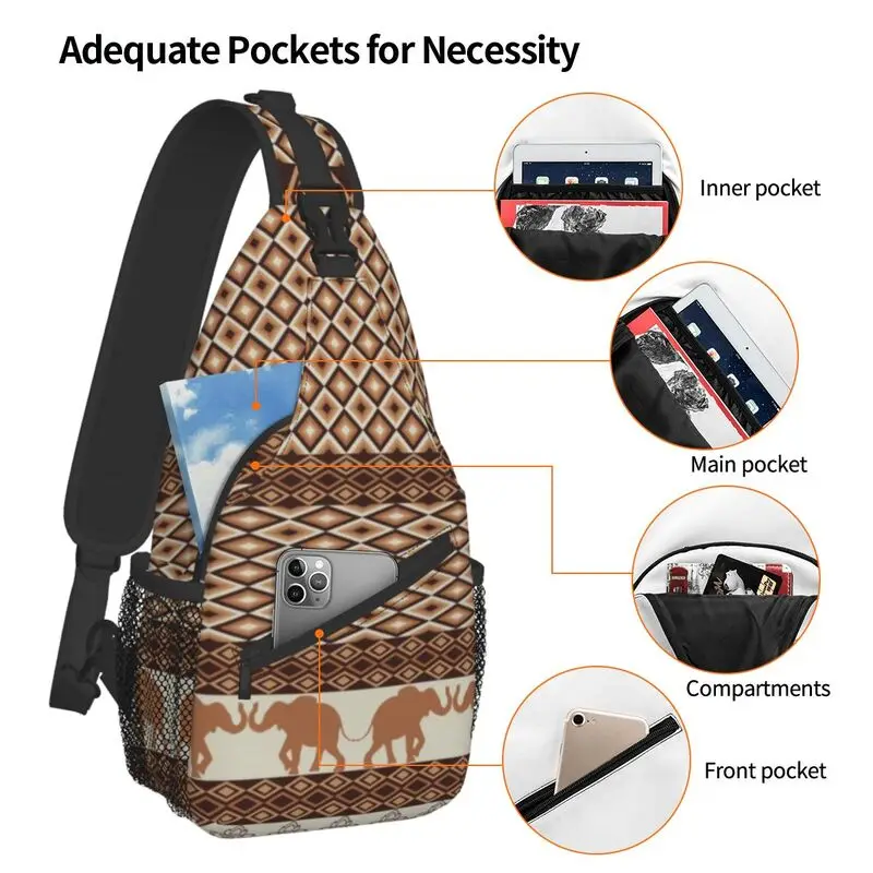 Elefante e padrão geométrico estilingue peito crossbody saco masculino legal boêmio tribal ombro mochila para caminhadas